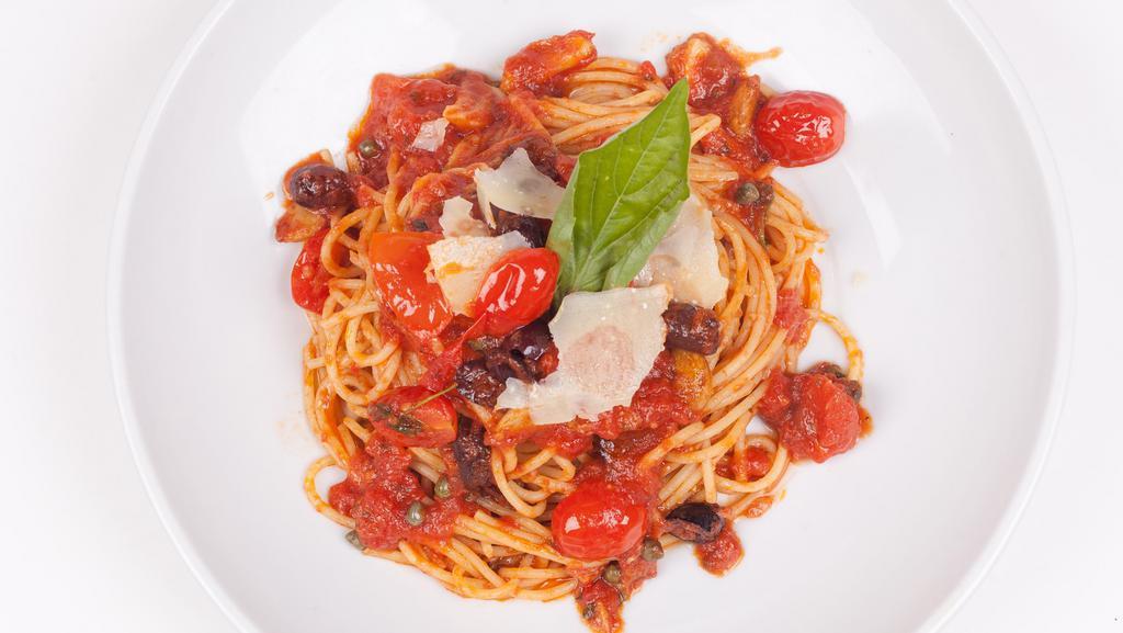Spaghetti Puttanesca · Plum tomatoes, gaeta olives, anchovies, evoo, with light garlic and capers.