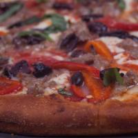 Pazzo Pie · Pan pizza topped with homemade fresh mozzarella, marinara sauce, sausage, black olives, and ...