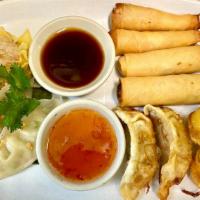 Mixed Appetizers · Chicken Gyoza, Crab Rangoon, Vegetable Dumpling, Steamed Pork Shumai , shrimp roll and sprin...