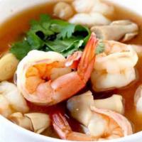 Tom Yum · Spicy soup. Chili, galangal, lemongrass, lime juice and mushroom. Spicy.