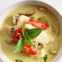 Green Curry  · Bamboo shoot, bell pepper, coconut milk, eggplant and long hot chili. Spicy.