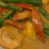 Panang Curry · Bell pepper, coconut milk, peanut butter, long hot chili and string bean. Spicy.
