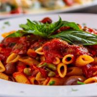 Penne Puttanesca · Sauteed garlic, capers, onions, olive, anchovies, fresh diced plum tomato sauce