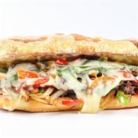 Philly Cheese Steak Deluxe · Juicy thinly sliced beef steak, onions, green peppers, and creamy cheese served between a bu...