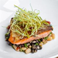 Pan Seared Bluehouse Salmon · grilled  broccoli, cauliflower, fresno peppers, charred onion salsa verde