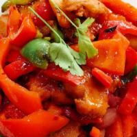 Sweet Basil Soy Protein · Sautéed soy protein with bell peppers, onions, and a homemade sweet chili sauce.