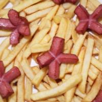 Salchipapa · Sliced Hot dogs and crunchy french fries accompanied with Ketchup, Mustard, and Mayonnaise f...