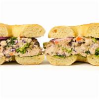 Garden Tuna Sandwich · Carrots, broccoli, raisins and red cabbage, touch of mayo.