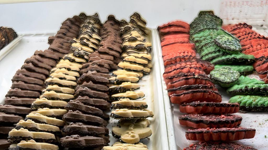 French Cookies · 1 lb. assortment of delicious butter cookies included pink and green leaf cookies, chocolate.