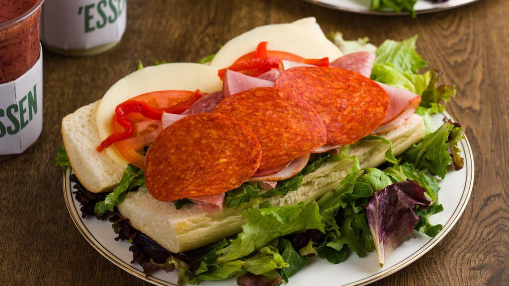 Italian Supreme Cold Sandwich · Cappicola ham, Genoa salami, prosciutto, pepperoni, Provolone cheese, roasted pepper, lettuce, tomato, oil & vinegar.