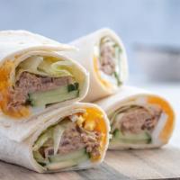 Tuna Melt Wrap · Homemade tuna with melted cheese, lettuce and tomatoes.