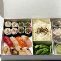 Sushi & Handroll Set · 8 Pieces Assorted Sushi, Choice of 2 Handrolls (Cutrolls, 4 pieces each), Organic Edamame, C...