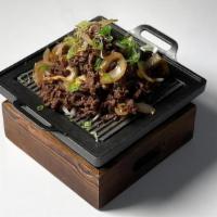 Bulgogi Set · Thinly sliced marinated beef and mushroom, Rice, Organic Edamame, Potato Croquettes, Cabbage...