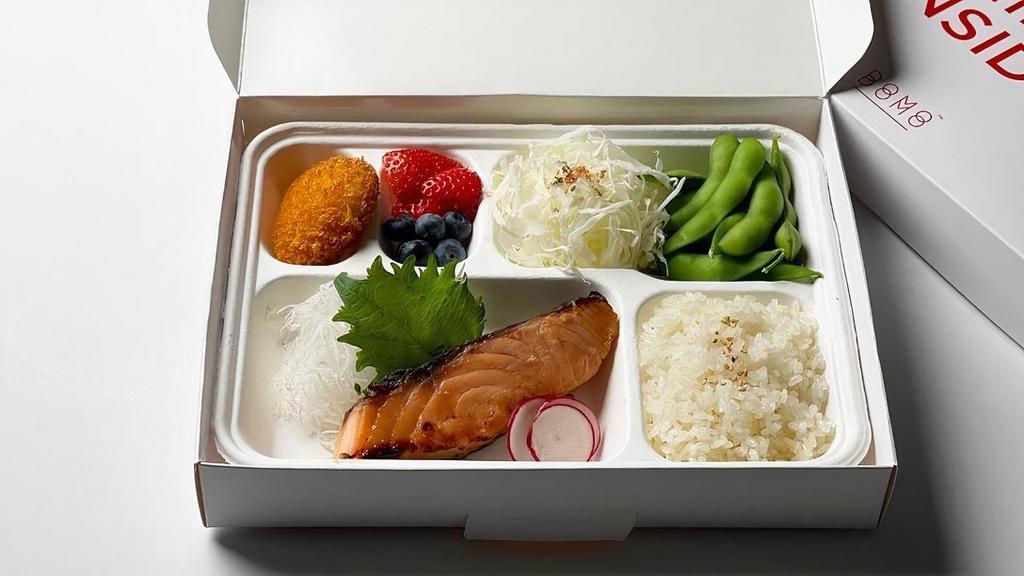 Miso Salmon Set · Rice, Organic Edamame, Potato Croquettes, Cabbage Salad
