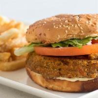 Veggie Burger · Served with french fries.
