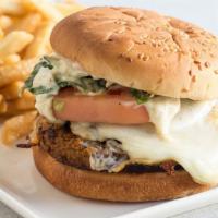 Veggie Porto Burger · Served with french fries.
