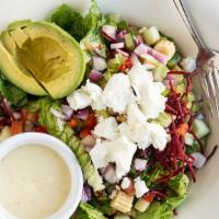 Goat Cheese Salad · Tomatoes and cherry tomatoes, peppers, baby corn, red onion, baby carrots, beets, avocado, a...