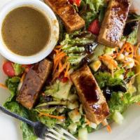 Asian Tofu Salad · Shredit carrots chinese noodle's cucumbers cherry tomatoes romaine lettuce tofu with japanes...