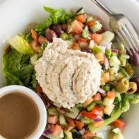 Mixed Diced Salad · Served with a scoop of tuna or egg white salad, includes cucumbers, tomatoes, peppers, pickl...