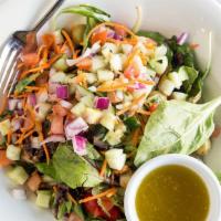 Garden Salad · Grilled portobello carrots tomatoes cucumbers red onions green olives & mesclun with a lemon...