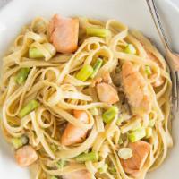 Fettuccine With Salmon And Asparagus · Flat thick pasta.
