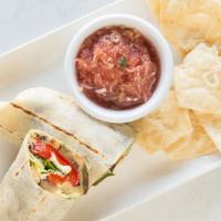Roasted Pepper & Eggplant Wrap · Roasted pepper and eggplant melted cheese and pesto sauce.