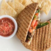 Roasted Pepper & Eggplant Panini · Prepared with melted cheese, and pesto sauce.