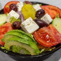 Greek Salad · Romaine hearts cucumber tomato imported greek feta olives avocado onion and a pepperoncini p...