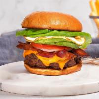 Back-On Eggcellence Burger  · American beef patty topped with bacon, fried egg, avocado, melted cheddar cheese, lettuce, t...
