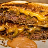 Patty Melt Burger · Grilled cheese, beefburger, and fried onions.