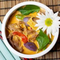 Thai Red Curry · Bamboo shoots, coconut milk, bell peppers, lemon leaves and basil.