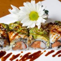 Tony Roll · Inside with spicy tuna and kani,outside with eel and avocado.