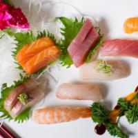 Sushi Sashimi Combo · Five pieces of sushi, six pieces of sashimi, and one California roll.