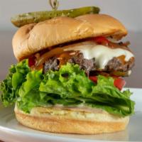 Philly Cheese Boss Burger · Toasted bulkie roll. Leaf lettuce, tomato, caramelized onions, peppers, boss sauce, American...