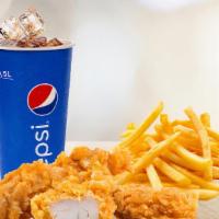 Chicken Tender Combo · Served with French fries and a can of soda.
Delicious white meat tender 
Real meat not proce...