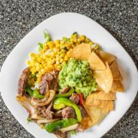 Steak Ranchero Salad · Romaine lettuce, sliced steak, sauteed onions and peppers, corn salsa, chips and guacamole. ...