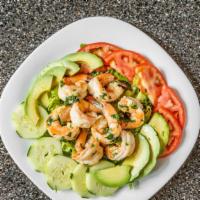 Cilantro Lime Shrimp Salad · Romaine lettuce, cilantro lime shrimps, tomatoes, avocado and cucumber. No substitutions or ...