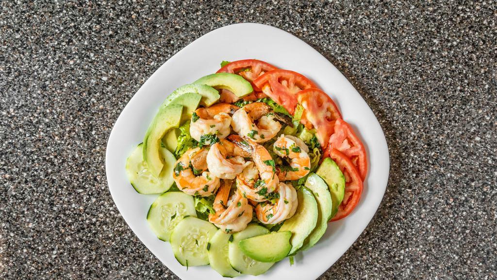Cilantro Lime Shrimp Salad · Romaine lettuce, cilantro lime shrimps, tomatoes, avocado and cucumber. No substitutions or adjustments, all items are as is.
