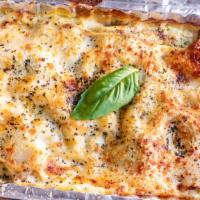 Hot- Pesto Lasagna · Contains Nuts. basil pesto, ricotta, béchamel sauce, roasted potatoes.