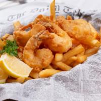 5 Piece Shrimp & Chips · Freshly fried battered pieces of sweet shrimp, served with fries.