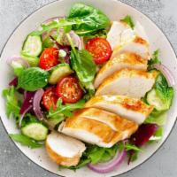 Grilled Chicken Salad · Fresh salad prepared with romaine lettuce, tomatoes, onions, green peppers, and croutons wit...