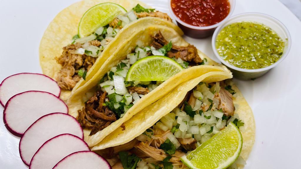 Mexican Taco · Cilantro & onion mix, salsa verde, sliced radish and lime. Served on 3 corn tortillas.