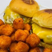 Cheeseburger Sliders · 2 cheeseburger sliders on a potato bun.