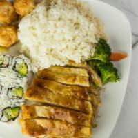 Chicken Teriyaki - Bento Box Dinner · Served with soup or salad, California roll, dumpling, shrimp and vegetable tempura and rice.