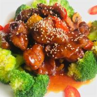 Sesame Beef · Homemade Seitan with Broccoli, Button Mushroom, Red & Yellow Peppers.
Served with white rice...