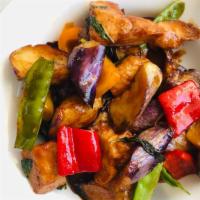 Eggplant, Chicken In Basil Garlic Sauce · Mild. Snow Pea, Red & Yellow Pepper, Basil Garlic Sauce. Served with white rice or brown rice.
