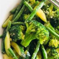 Three Green Delight · Broccoli, string bean, zucchini in white garlic sauce. Served with white rice or brown rice.