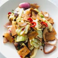 Twice-Cooked Pork · Vegan Pork Belly, Cabbage, Onion, Scallion& Pepper stir fried with Spicy Chili Bean Paste.