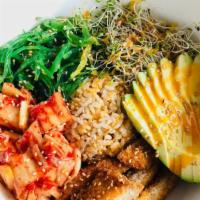 Korean Rice Bowl · Mild.  Homemade Vegan Kimchi, Brown Rice, Chicken Nugget, Avocado, Alfalfa Sprouts, Seaweed,...