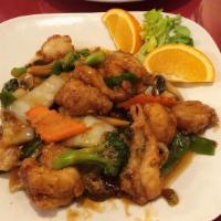 Crispy Seafood Two Delicious · Spicy. Shrimp and scallop with assorted Chinese vegetable in garlic sauce.